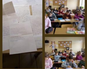 Kolaż zdjęć po prawej stronie uczniowie w klasie piszą listy po lewej zdjęcie napisanych listów.