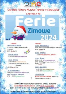 Plakat informacyjny dotyczący organizacji zajęć podczas ferii zimowych.