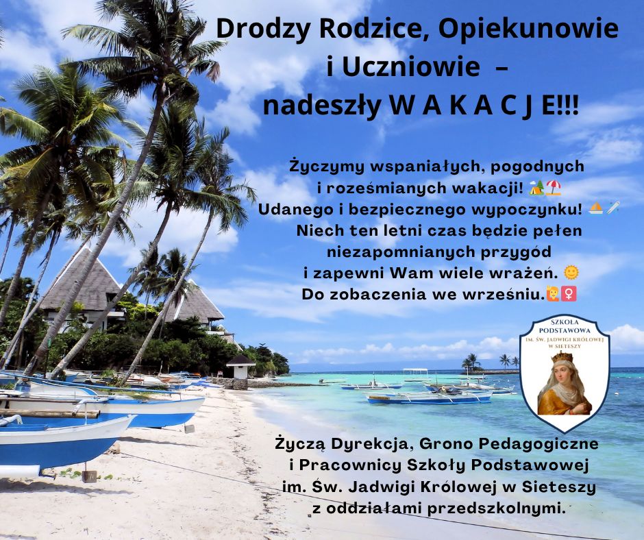 plakat informacyjny - wakacje. w tle zdjęcie plaży z palmami.