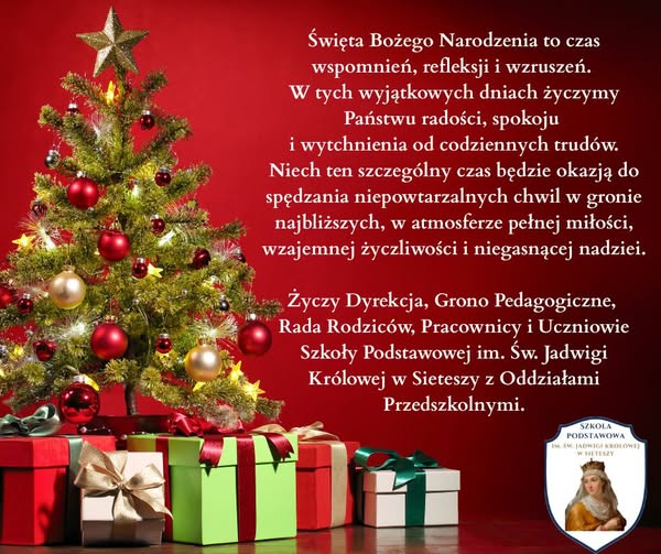 Życzenia świąteczne, czerwone tło, po lewej stronie choinka i prezenty
